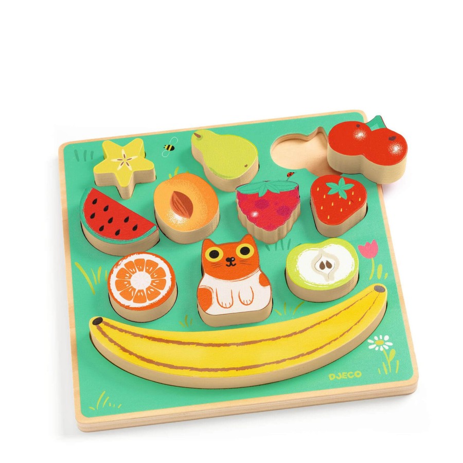 Toys Djeco Games, Puzzles, Jigsaws | Wooden Puzzle Stacking Board - Fruit And The Cat