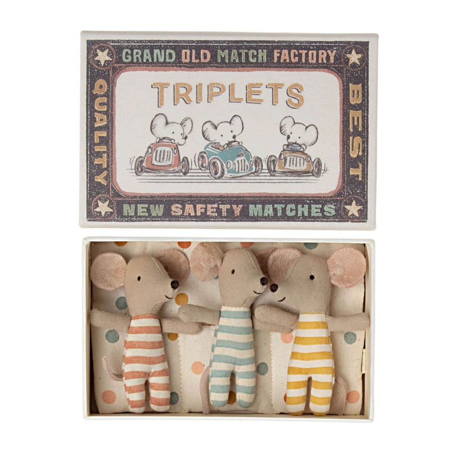 Toys Maileg Soft Toys, Comforters | Triplets - Baby Mice In Matchbox