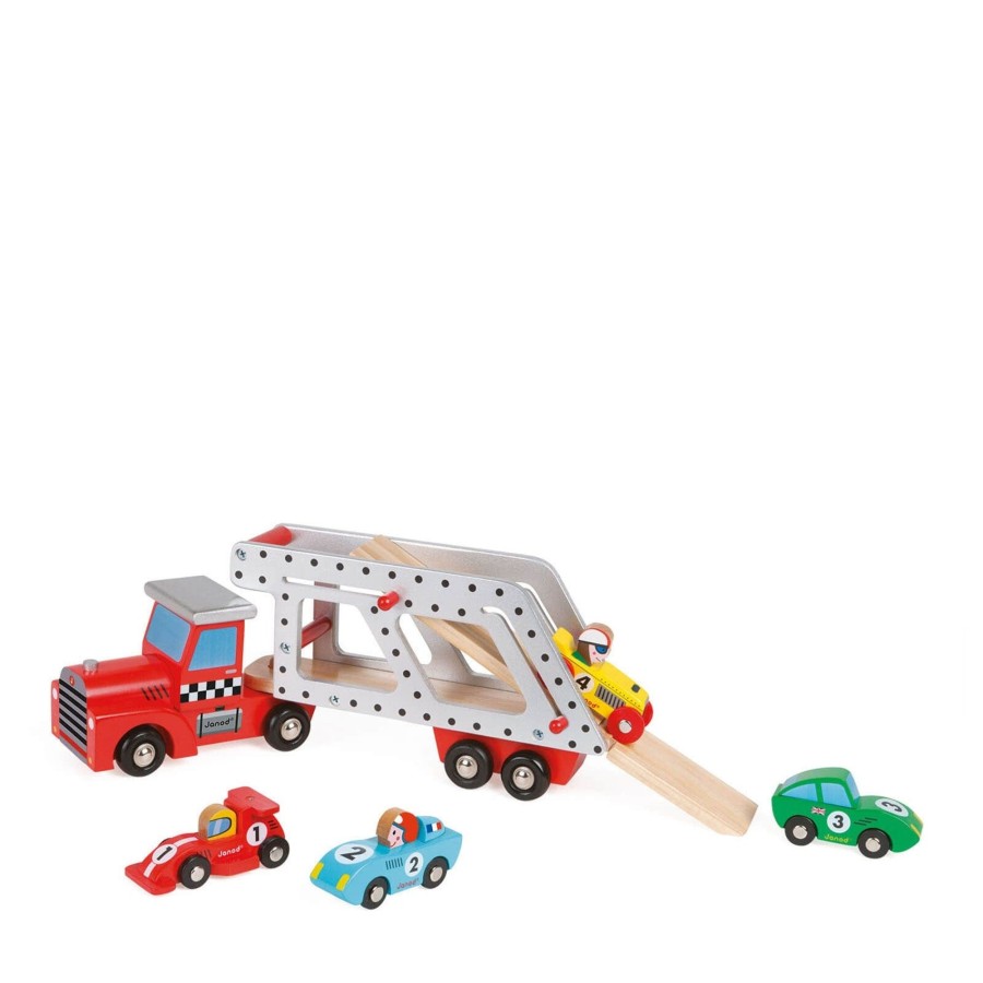 Toys Janod Trains, Cars, Planes | Story 4 Cars Transporter Lorry