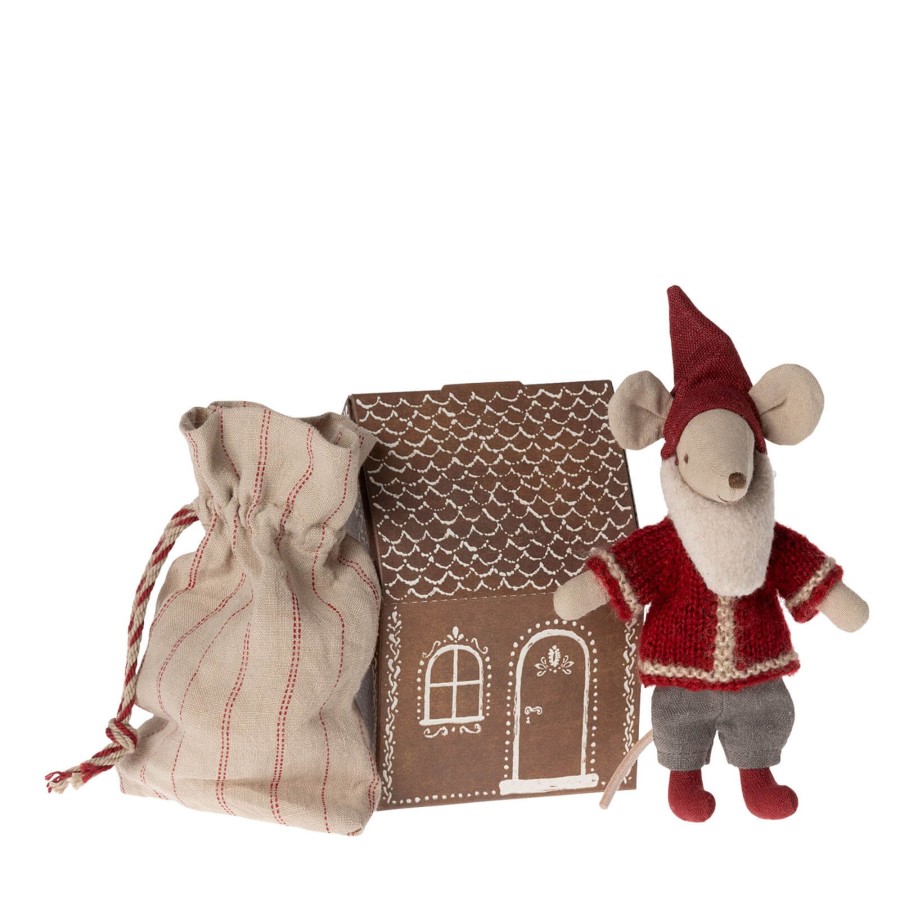 Toys Maileg Soft Toys, Comforters | Santa Mouse With Mini Gingerbread House