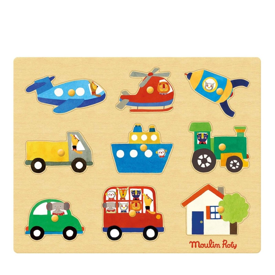 Toys Moulin Roty Games, Puzzles, Jigsaws | Les Popipop Wooden Transport Peg Puzzle