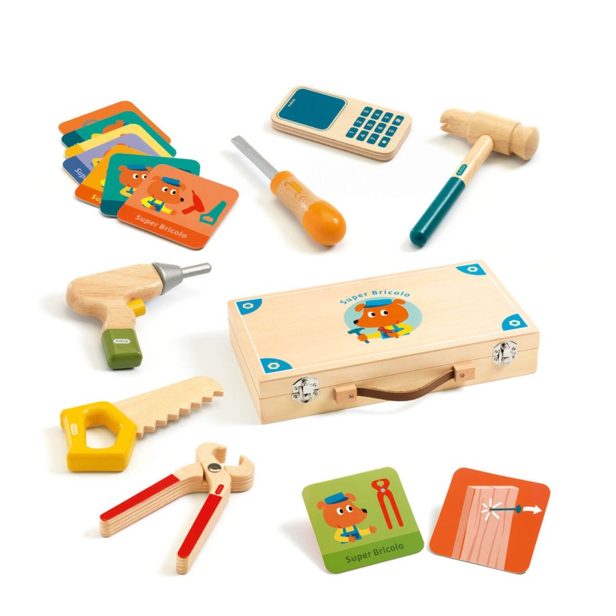 Toys Djeco Tool Sets, Workbenches | Wooden Tool Box Set - Super Bricolo